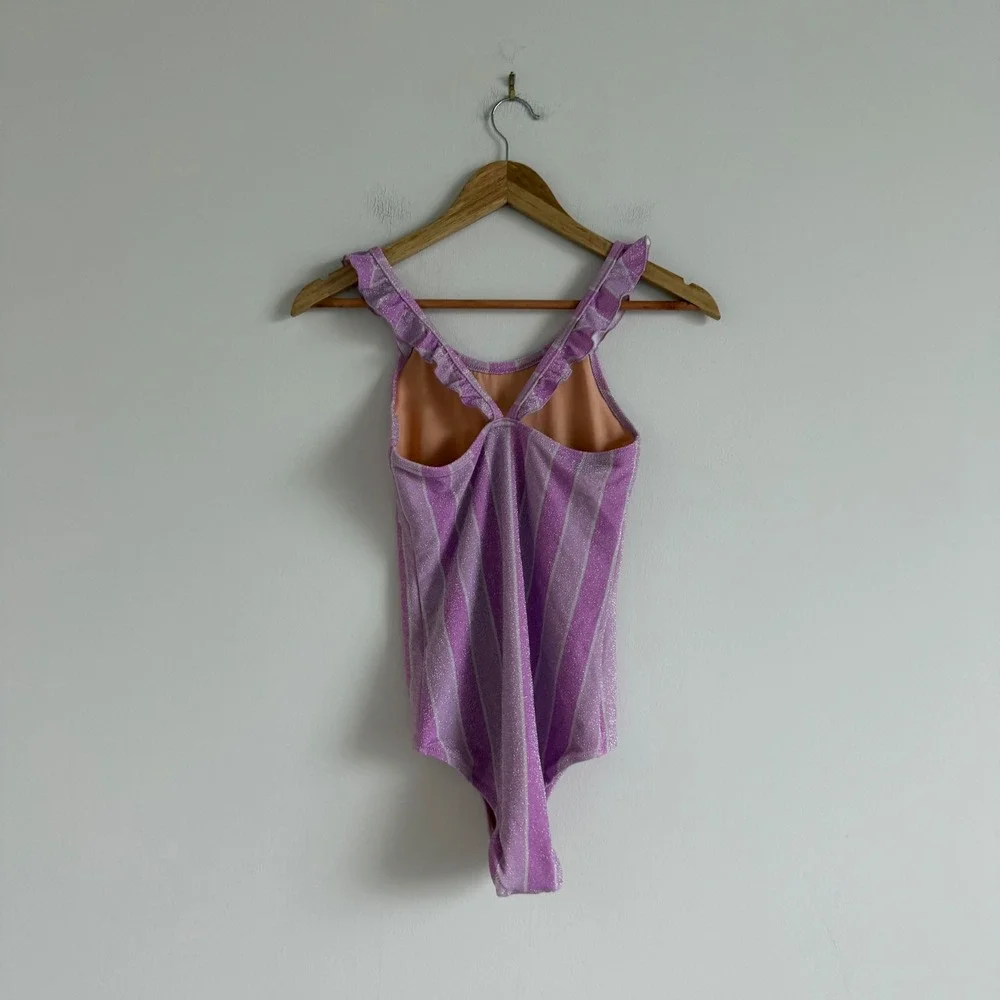 Crewcuts Shimmer Stripe Ruffle Strap Swimsuit Size 14